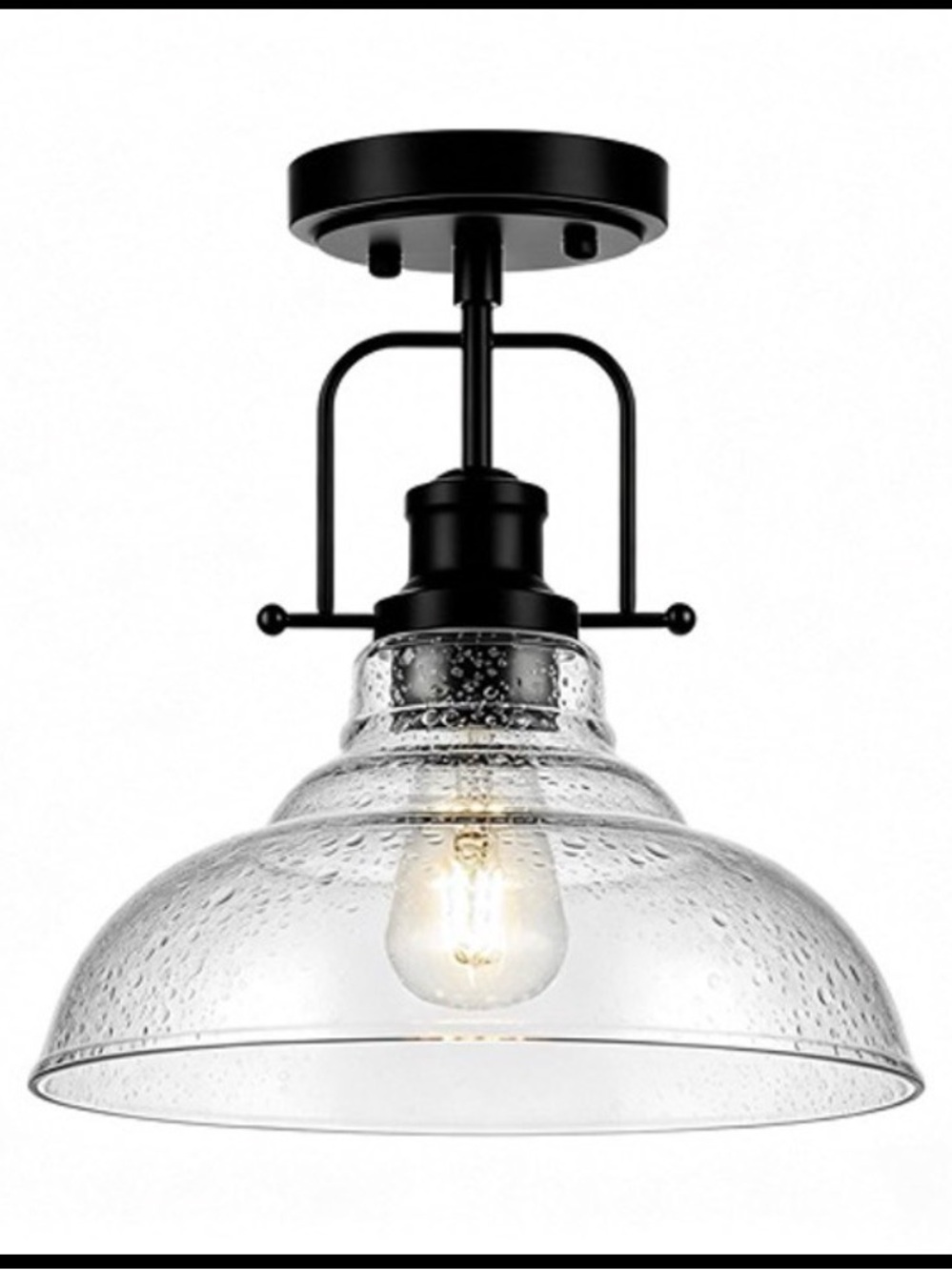 Black Semi-Flush Ceiling Light with Seeded Clear Glass Shade